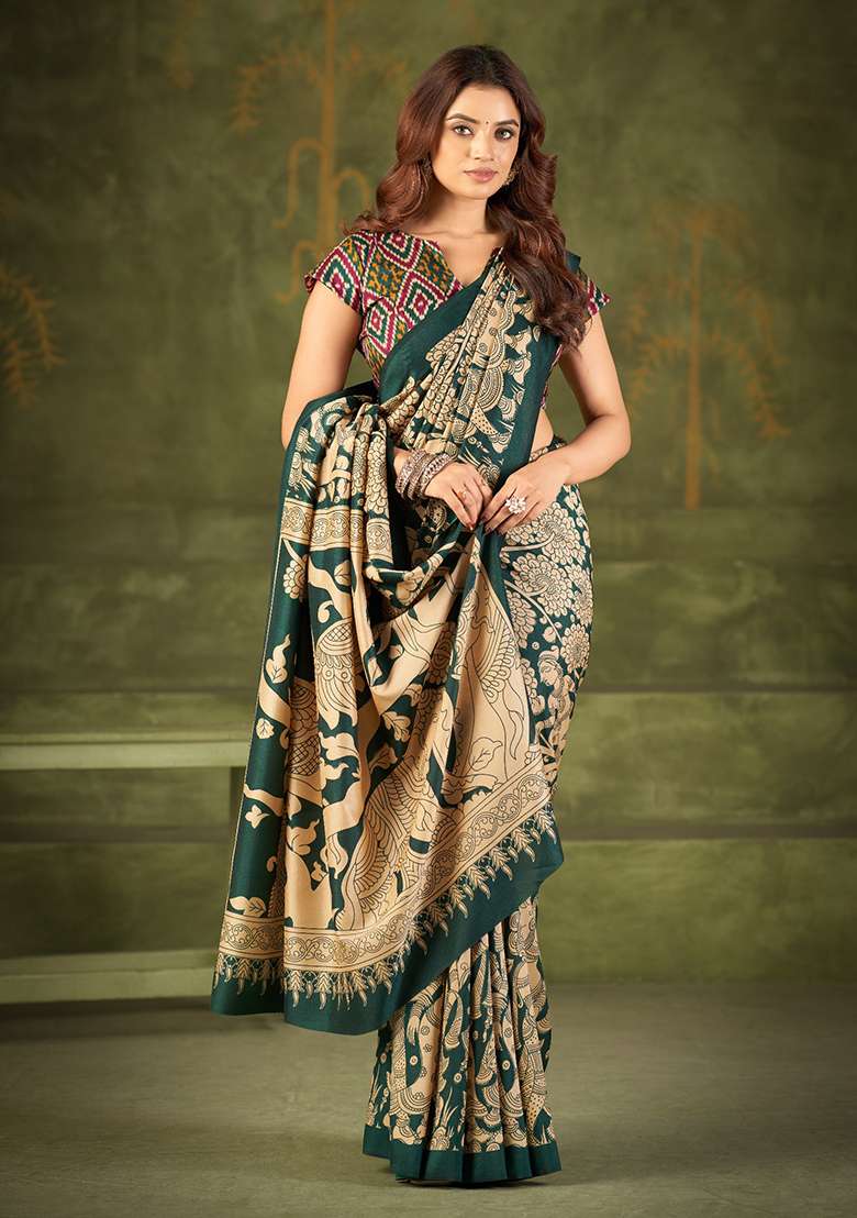 Green Kalamkari Print Silk Blend Saree Set - Indya