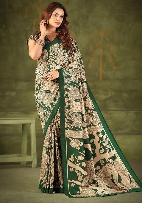 Green Kalamkari Print Silk Saree Set — view on Indya