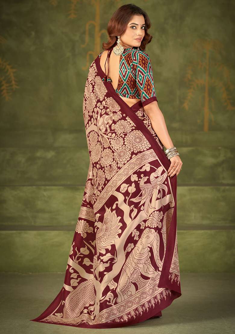 Maroon Kalamkari Print Silk Blend Saree Set - Indya