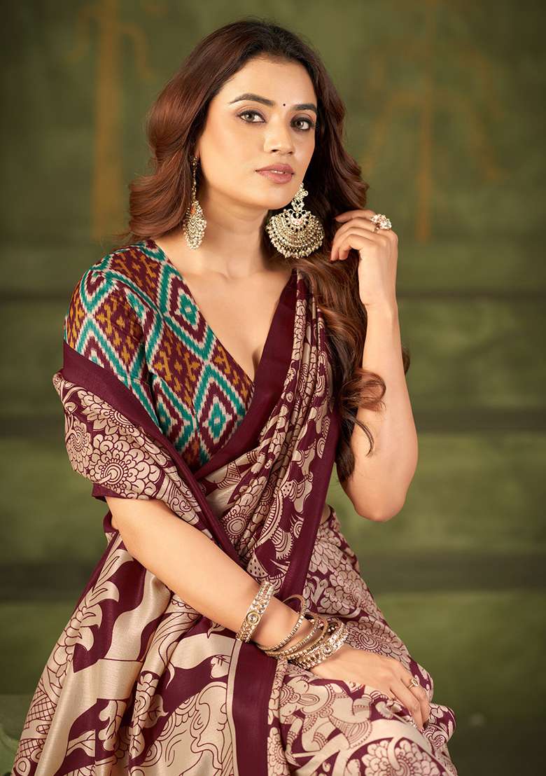 Maroon Kalamkari Print Silk Blend Saree Set - Indya