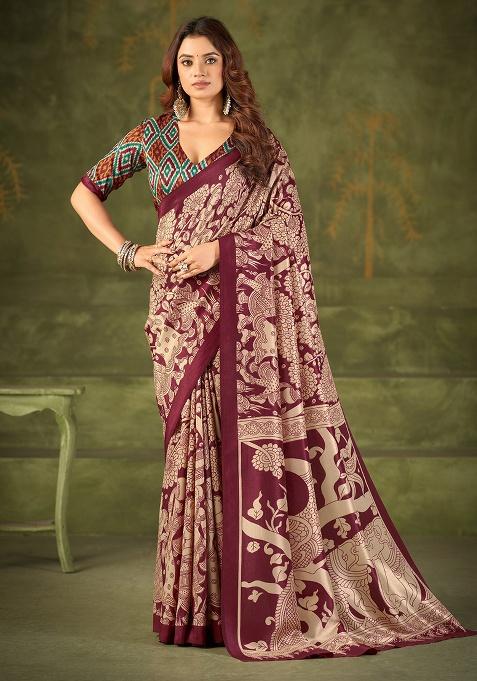 Maroon Kalamkari Print Silk Saree Set — view on Indya