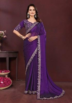Purple Embroidery Silk Saree Set