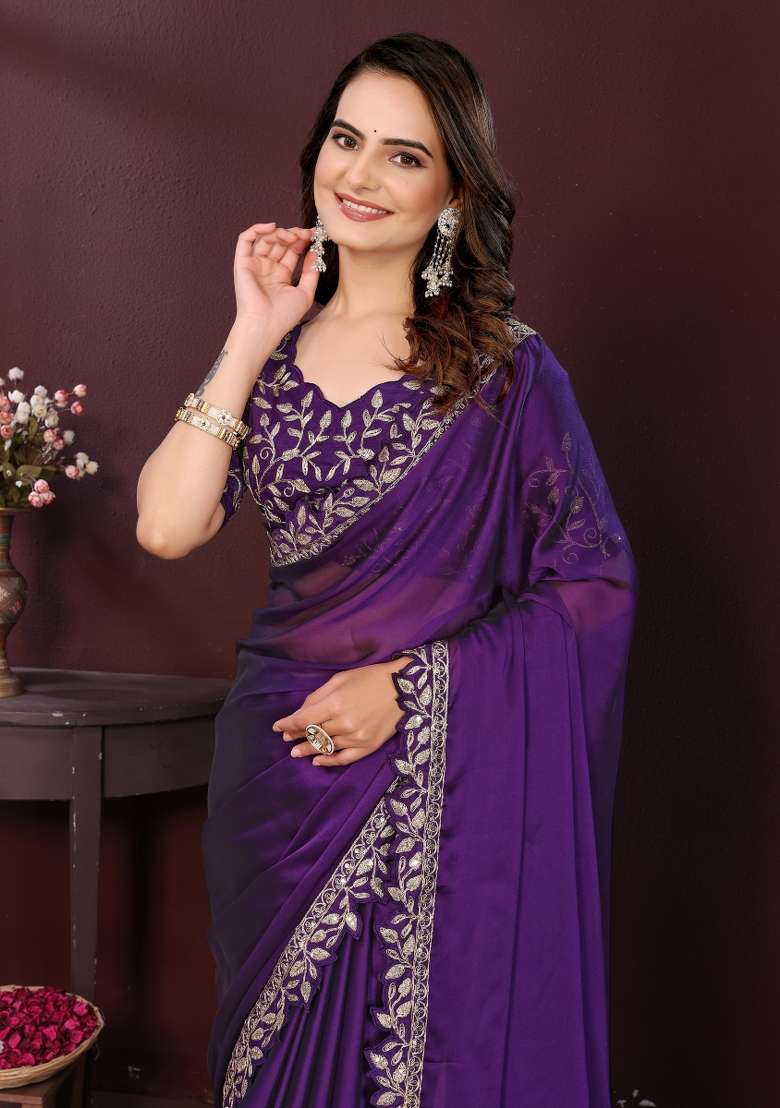 Purple Silk Blend Saree Set with Embroidery for Diwali | Wedding & Festive Wear - Indya
