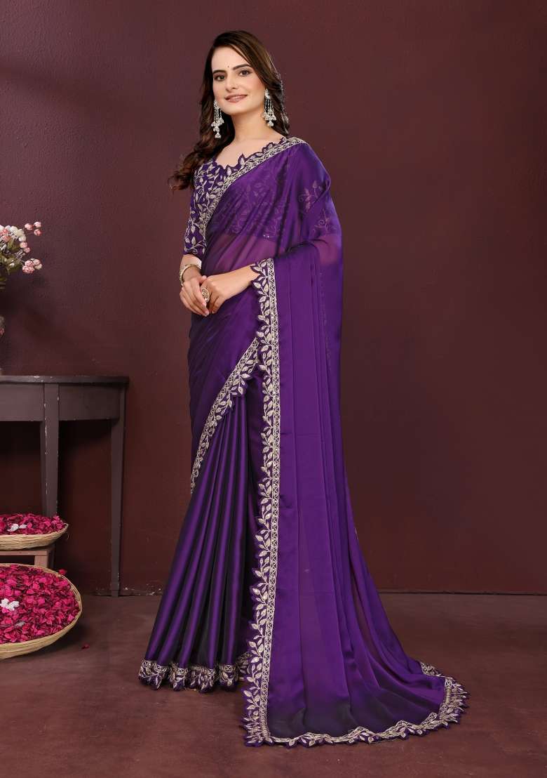 Purple Silk Blend Saree Set with Embroidery for Diwali | Wedding & Festive Wear - Indya
