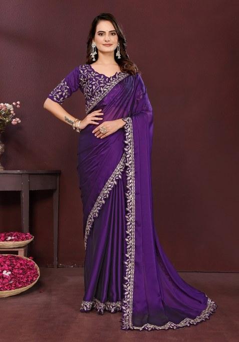 Purple Embroidery Silk Saree Set