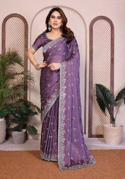 Lavender Embroidery Silk Saree Set