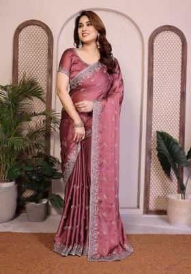 Onion Pink Embroidery Silk Saree Set