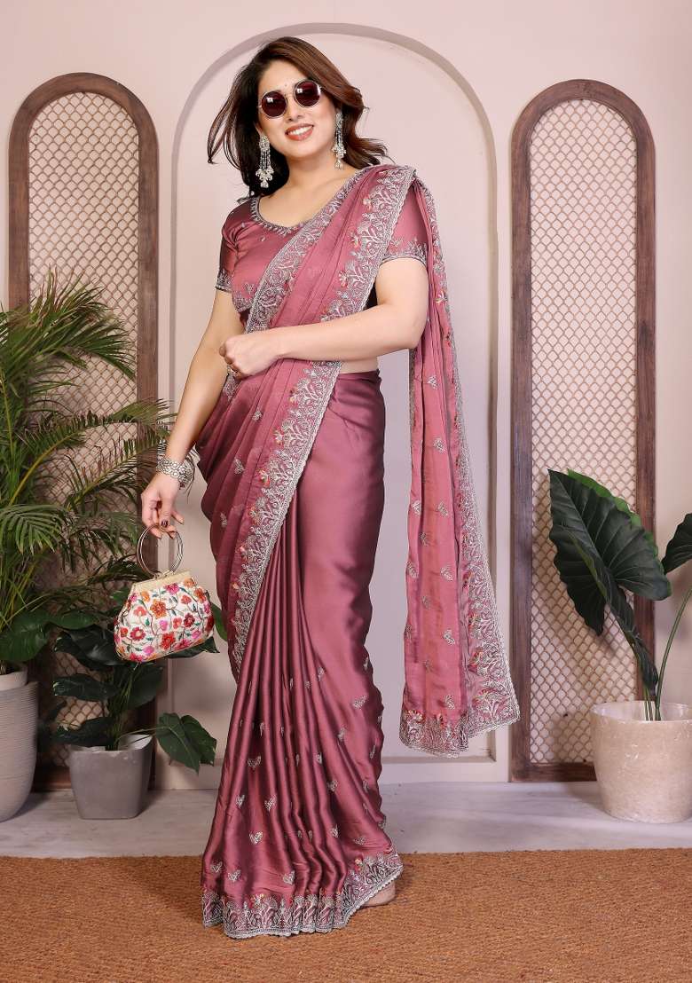 Onion Pink Embroidery Silk Blend Saree Set for Diwali and Festive Wear - Indya