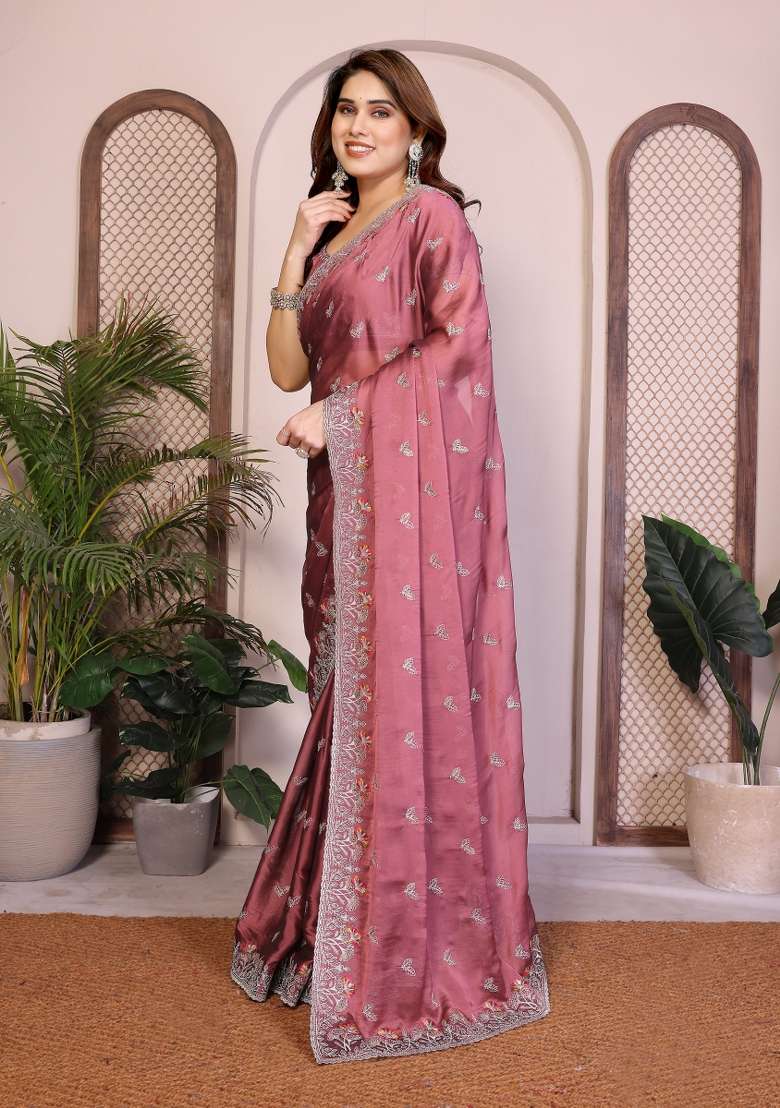 Onion Pink Embroidery Silk Blend Saree Set for Diwali and Festive Wear - Indya