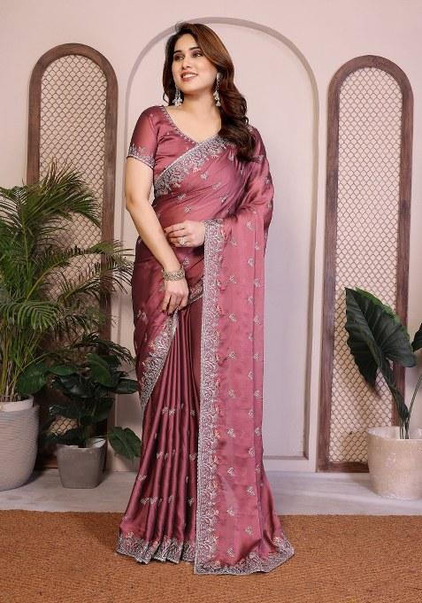 Onion Pink Embroidery Silk Saree Set