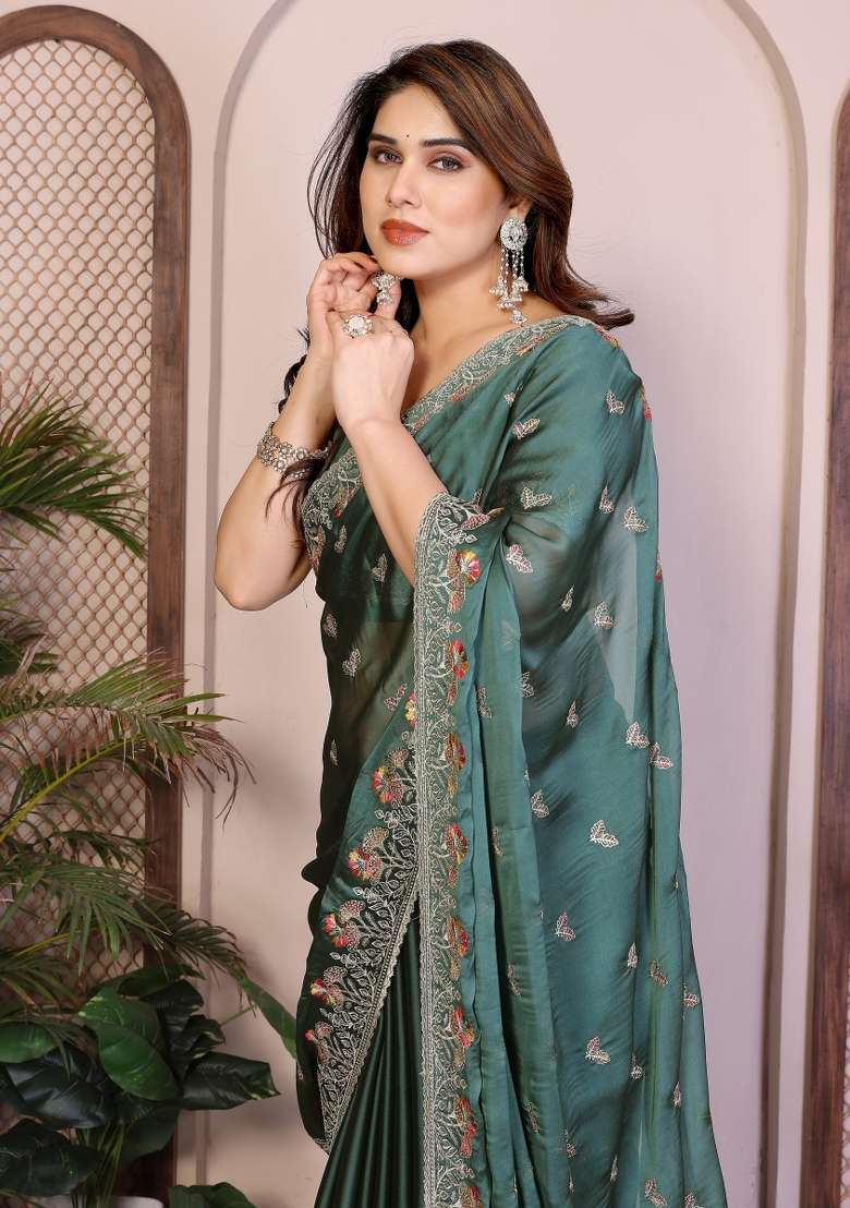 Teal Green Embroidery Silk Blend Saree Set for Diwali and Festive Wear - Indya