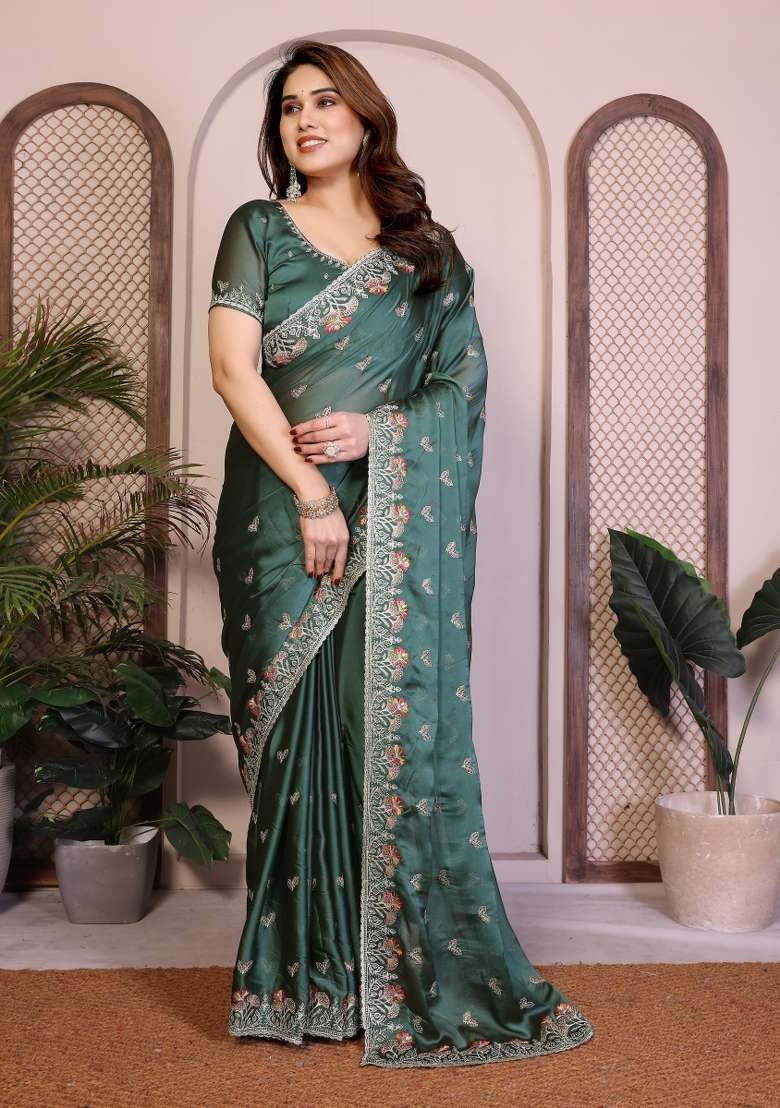 Teal Green Embroidery Silk Blend Saree Set for Diwali and Festive Wear - Indya