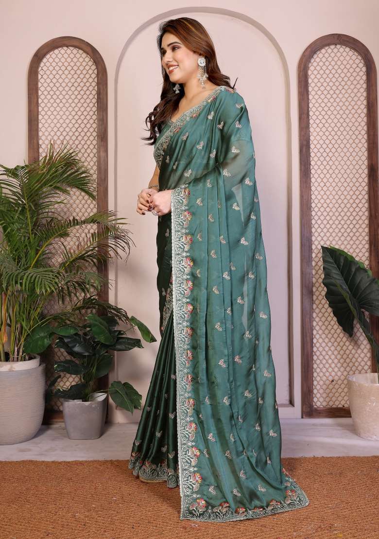 Teal Green Embroidery Silk Blend Saree Set for Diwali and Festive Wear - Indya