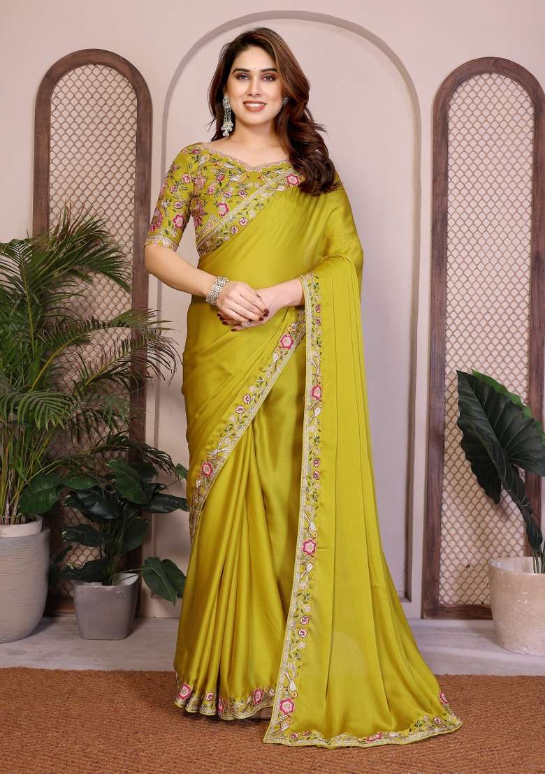 Lime Green Embroidery Chiffon Saree Set for Diwali and Festive Wear - Indya