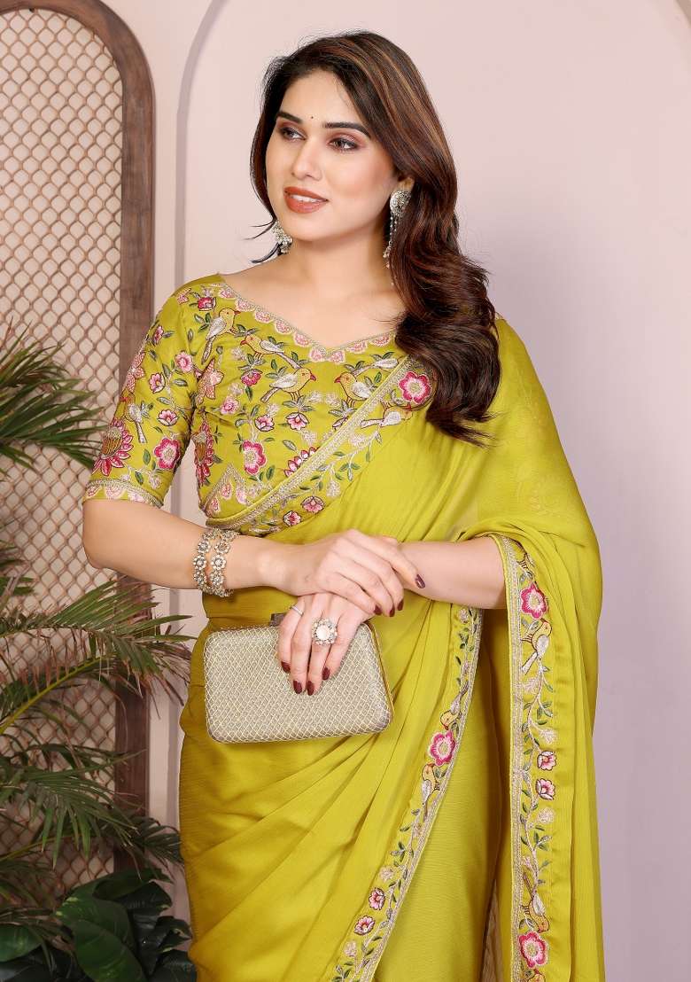 Lime Green Embroidery Chiffon Saree Set for Diwali and Festive Wear - Indya