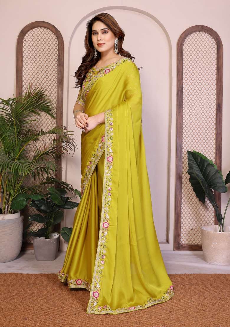 Lime Green Embroidery Chiffon Saree Set for Diwali and Festive Wear - Indya