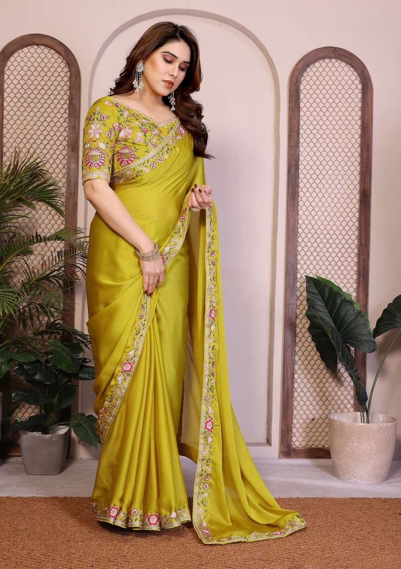 Lime Green Embroidery Chiffon Saree Set for Diwali and Festive Wear - Indya