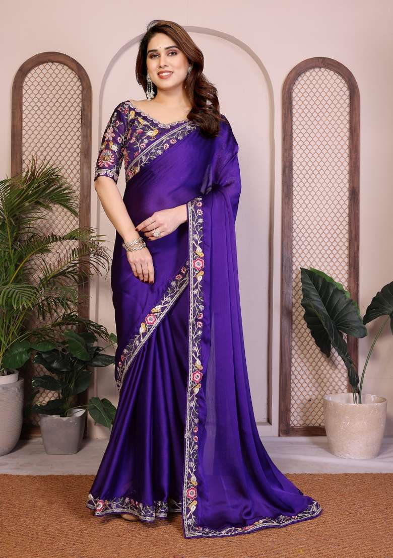 Purple Embroidery Chiffon Saree Set for Diwali and Festive Wear - Indya