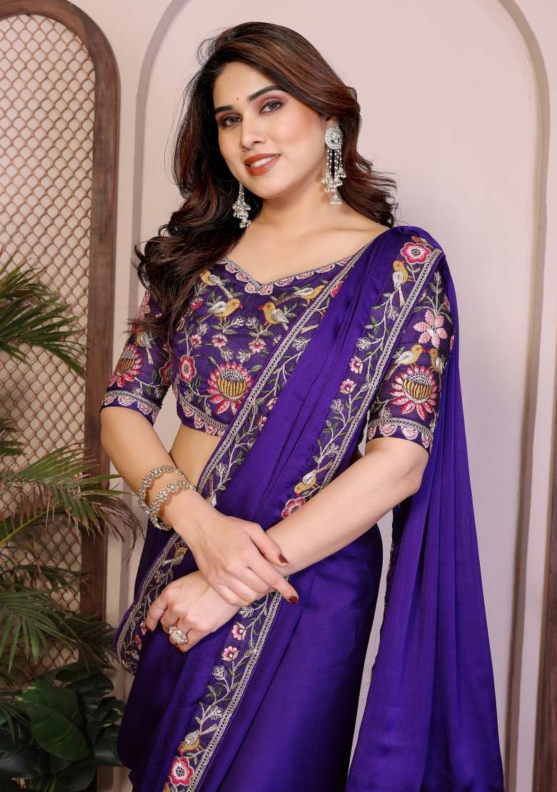 Purple Embroidery Chiffon Saree Set for Diwali and Festive Wear - Indya