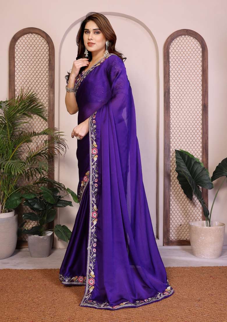 Purple Embroidery Chiffon Saree Set for Diwali and Festive Wear - Indya