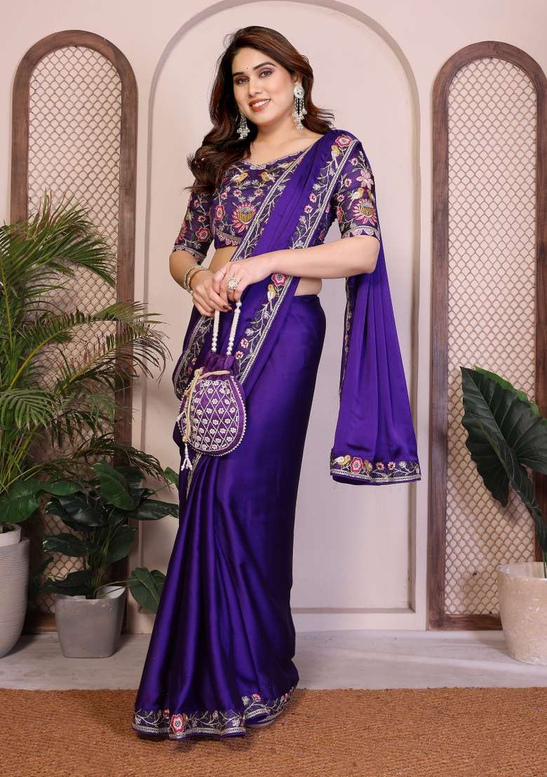 Purple Embroidery Chiffon Saree Set for Diwali and Festive Wear - Indya