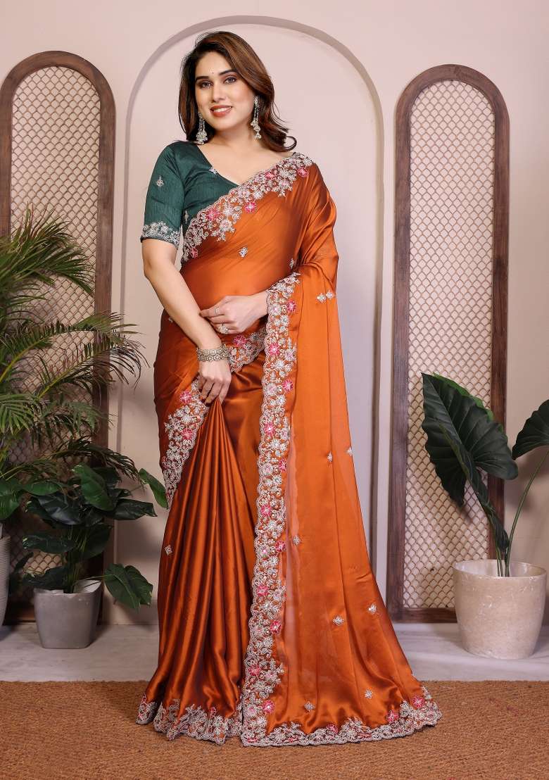 Orange Embroidery Silk Blend Saree Set for Diwali and Festive Wear - Indya