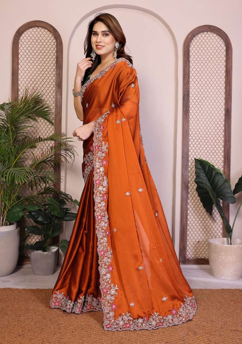 Orange Embroidery Silk Blend Saree Set for Diwali and Festive Wear - Indya