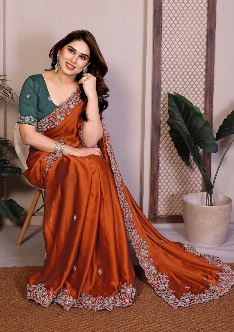 Orange Embroidery Silk Blend Saree Set for Diwali and Festive Wear - Indya