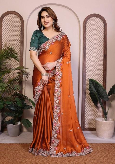 Orange Embroidery Silk Saree Set