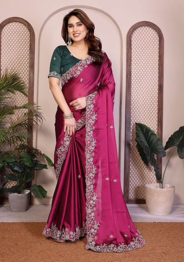 Magenta Pink Silk Blend Saree Set with Embroidery for Diwali | Wedding & Festive Wear - Indya