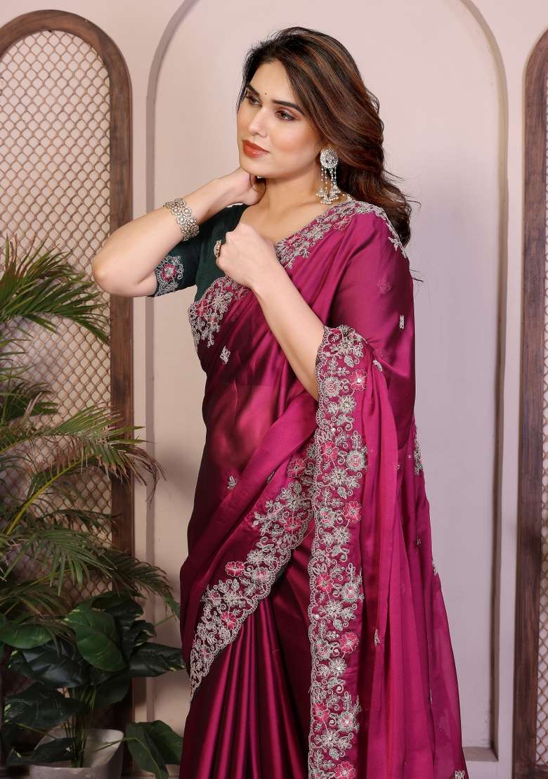 Magenta Pink Silk Blend Saree Set with Embroidery for Diwali | Wedding & Festive Wear - Indya