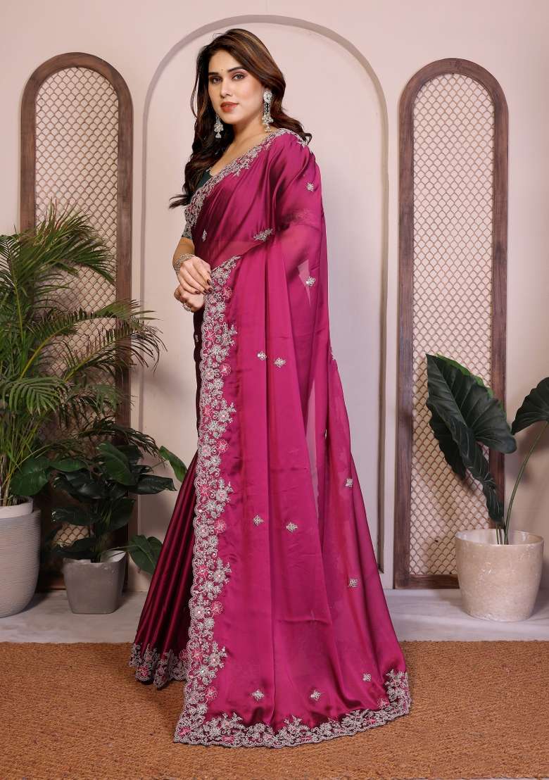 Magenta Pink Silk Blend Saree Set with Embroidery for Diwali | Wedding & Festive Wear - Indya