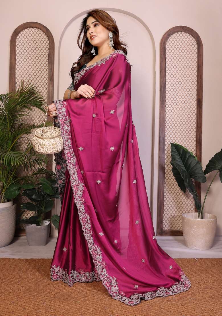 Magenta Pink Silk Blend Saree Set with Embroidery for Diwali | Wedding & Festive Wear - Indya