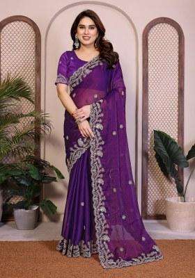 Purple Embroidery Chiffon Saree Set