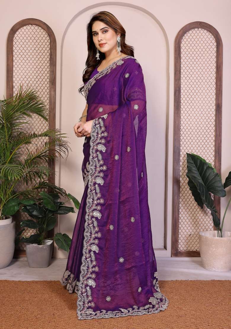 Purple Embroidery Chiffon Saree Set for Diwali and Festive Wear - Indya