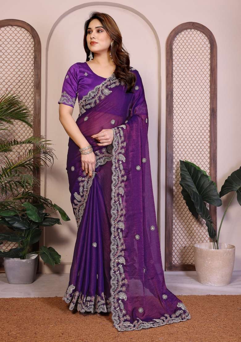 Purple Embroidery Chiffon Saree Set for Diwali and Festive Wear - Indya