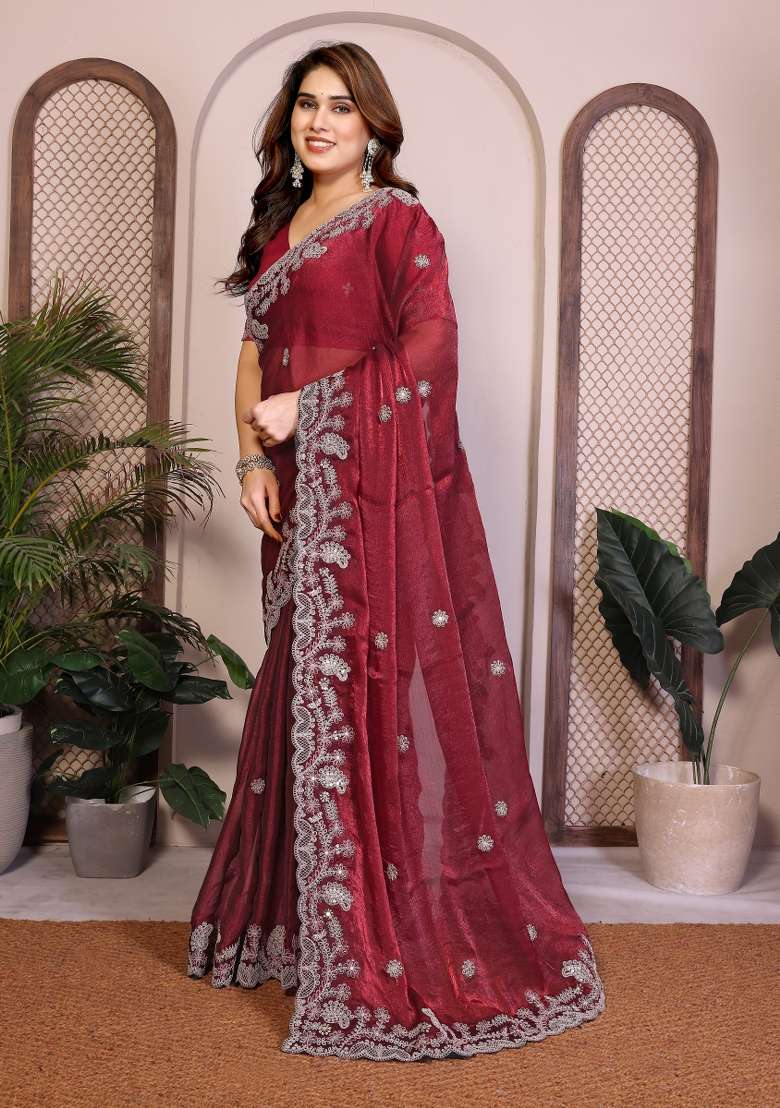 Maroon Chiffon Saree Set with Embroidery for Diwali | Wedding & Festive Wear - Indya