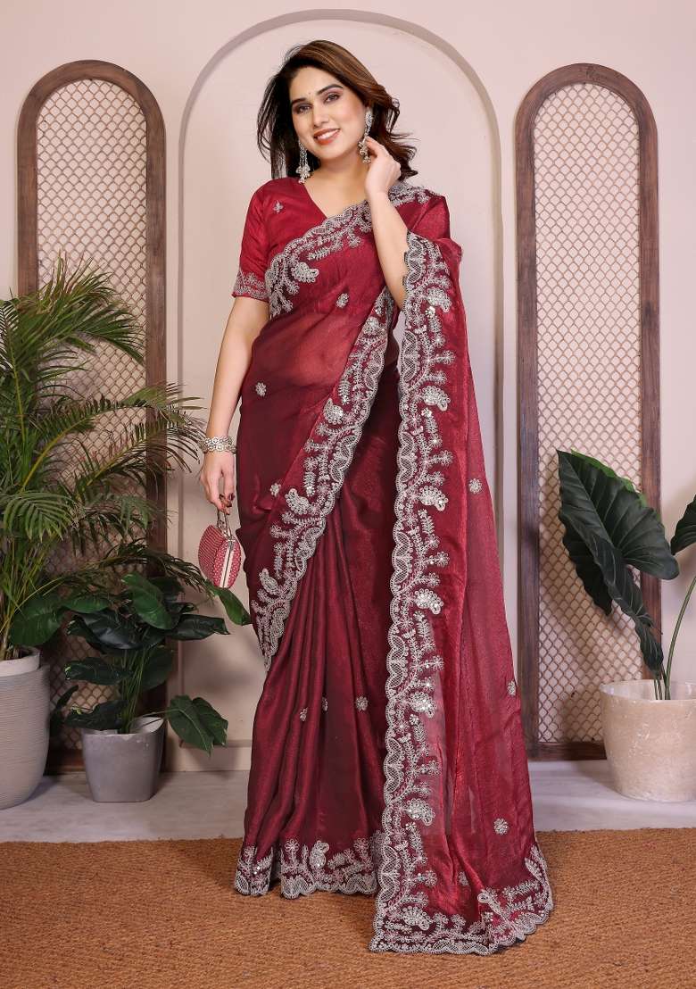 Maroon Chiffon Saree Set with Embroidery for Diwali | Wedding & Festive Wear - Indya