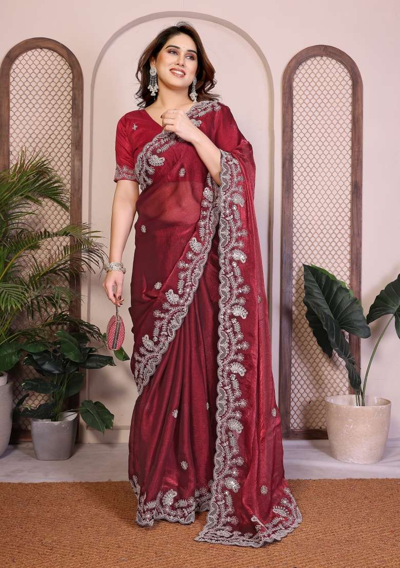 Maroon Chiffon Saree Set with Embroidery for Diwali | Wedding & Festive Wear - Indya