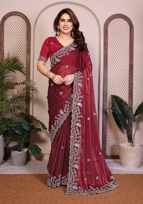 Maroon Embroidery Chiffon Saree Set