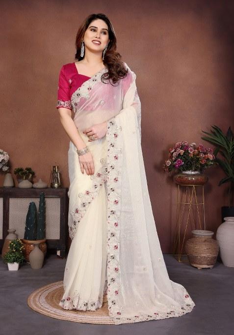 White Embroidery Chiffon Saree Set