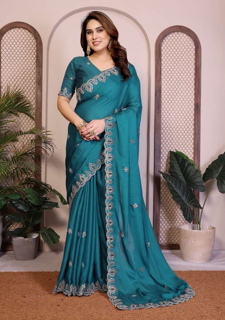 Rama Embroidery Chiffon Saree Set for Diwali and Festive Wear - Indya
