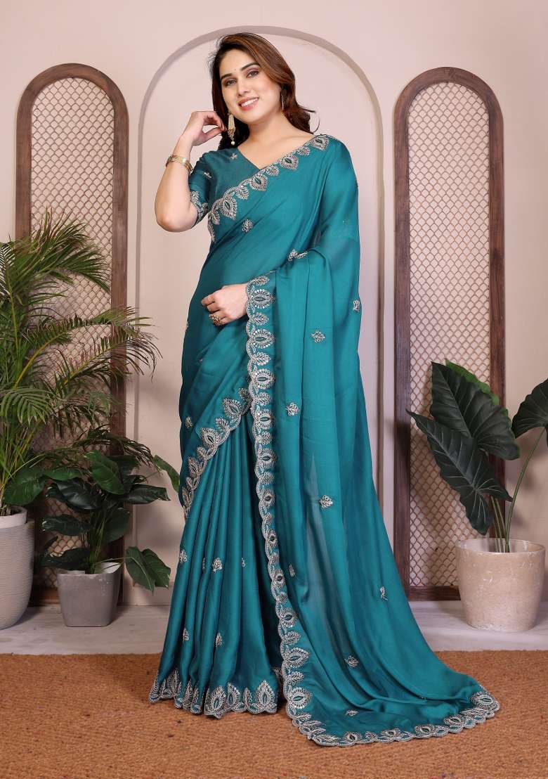 Rama Embroidery Chiffon Saree Set for Diwali and Festive Wear - Indya