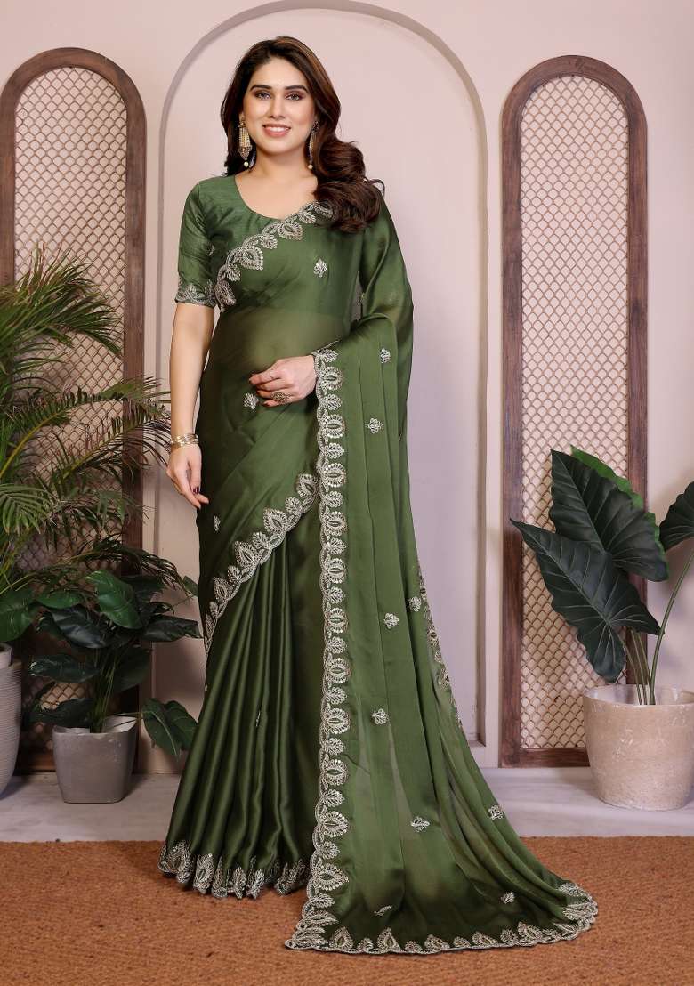 Green Chiffon Saree Set with Embroidery for Diwali | Wedding & Festive Wear - Indya