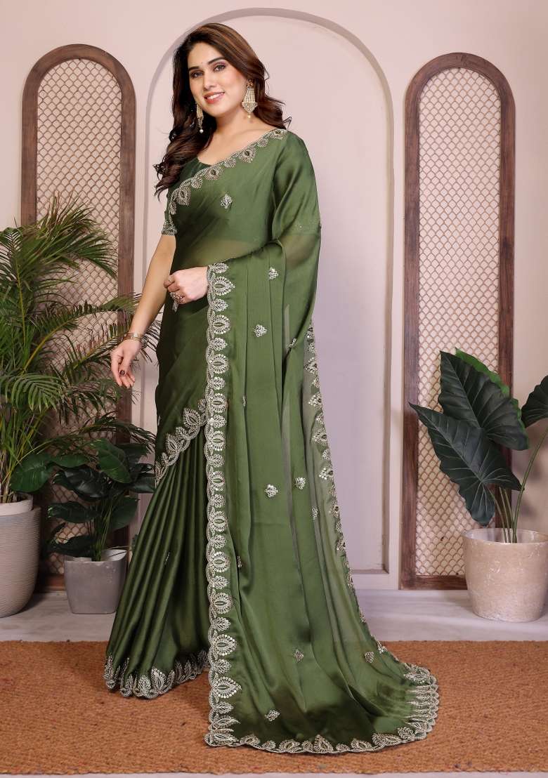 Green Chiffon Saree Set with Embroidery for Diwali | Wedding & Festive Wear - Indya