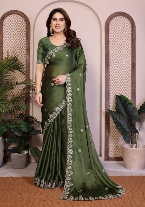 Green Embroidery Chiffon Saree Set