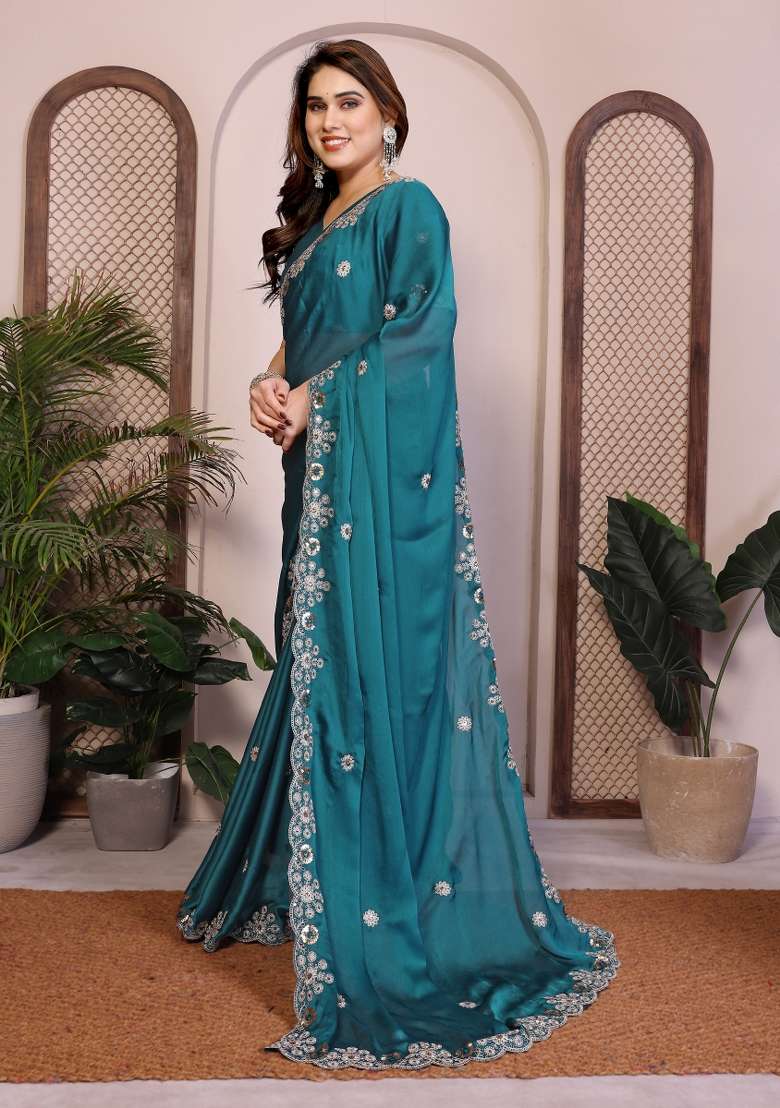 Rama Chiffon Saree Set with Embroidery for Diwali | Wedding & Festive Wear - Indya