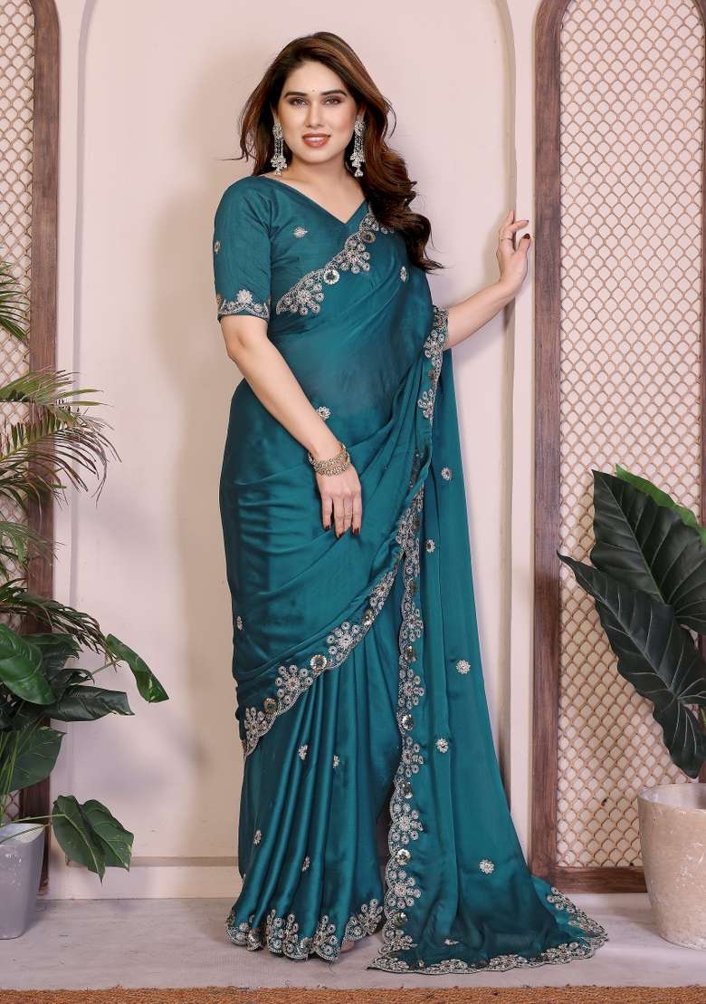 Rama Chiffon Saree Set with Embroidery for Diwali | Wedding & Festive Wear - Indya