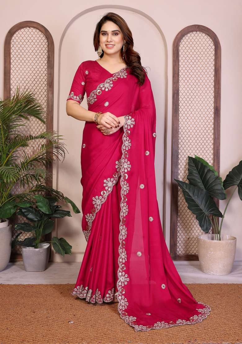 Pink Chiffon Saree Set with Embroidery for Diwali | Wedding & Festive Wear - Indya