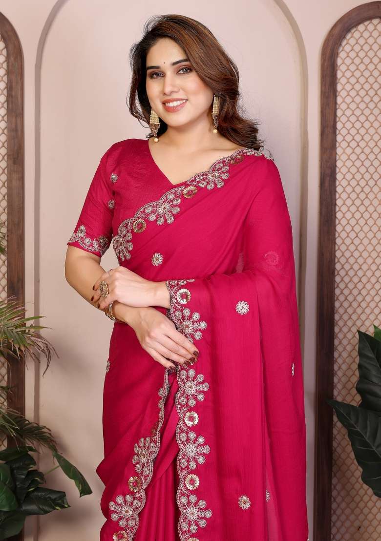 Pink Chiffon Saree Set with Embroidery for Diwali | Wedding & Festive Wear - Indya